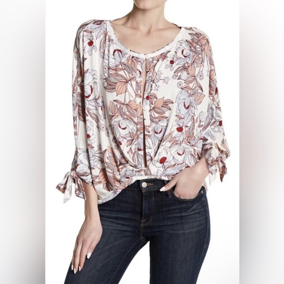 Floral Print Women's Top - Cream and Brown - Picture 2 of 6